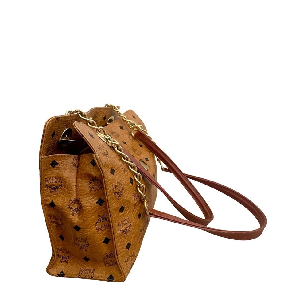MCM Visetos Cognac Shoulder Bag Gold Chain Strap Medium Tote - Picture 7 of 16